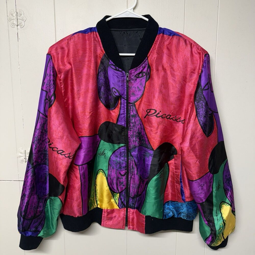 Vtg PICASSO Art AOP Satin Bomber Jacket Full Zip Rainbow Collection Women L EUC